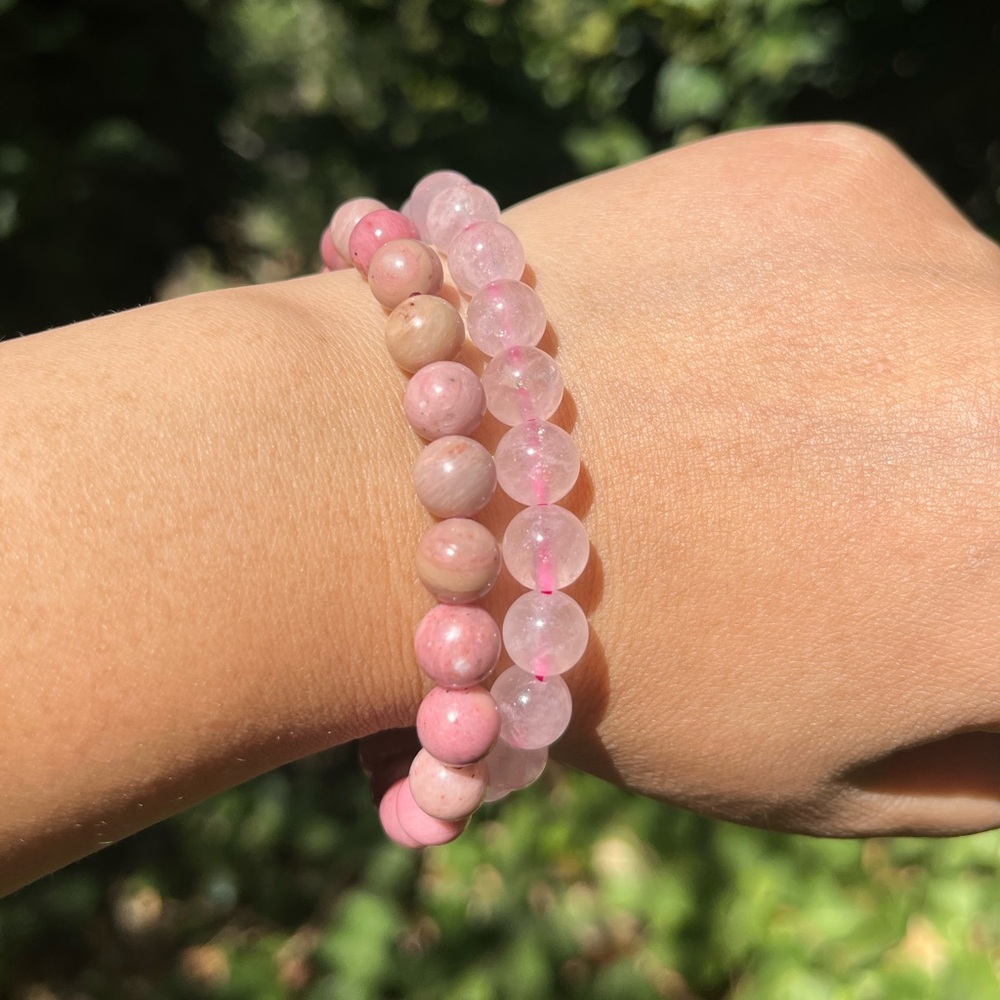 8mm Pink rhodonite rose quartz bracelet‎ set
